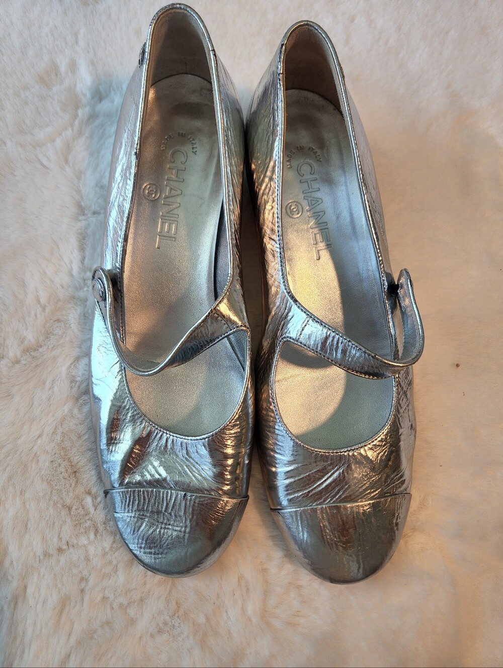 Chanel Silver Metallic Mary Jane Flats